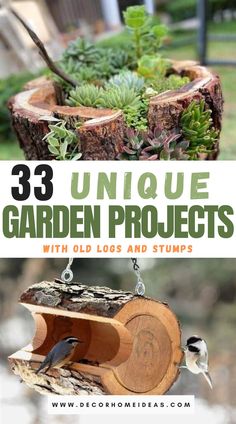 three different pictures with the words 33 unique garden projects with old logs and stumps