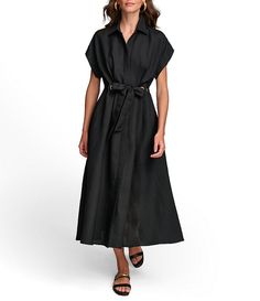 Donna Karan Short Sleeve Point Collar Tie Waist Linen Blend Midi A-Line Dress | Dillard's Spring A-line Dress With Belt, Formal Summer A-line Belted Dress, Workwear A-line Maxi Dress With Belt, Workwear Belted A-line Maxi Dress, Casual A-line Belted Dress For Spring, Chic Short Sleeve Viscose Shirt Dress, A-line Dress With Placket For Work, Summer Midi Dress With Button Closure And Spread Collar, Summer Daywear Dresses With Belted Cuffs