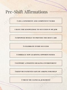 the words pre - shift affirmations are displayed on a white paper with pink and purple