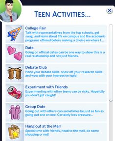 a screen shot of the teen activities page