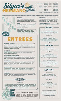 the menu for an eatery restaurant with different types of food and drinks on it