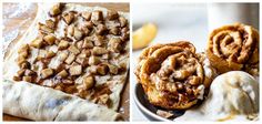 three different pictures of pastries and cinnamon rolls