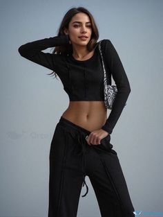 Orcajump - Stylish and Sexy Slim-fit Knitted High-Waisted Pants with Navel-revealing Design Knitted Fashion, Pant Length, Trouser Style, Knit Fashion, Long Pants, White Long Sleeve, High Waisted Pants, Fashion Pants, Types Of Sleeves