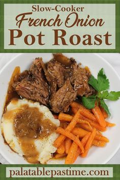 a white plate topped with meat, potatoes and carrots