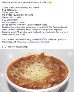 a bowl of chili with rice in it on top of a white tablecloth next to an image of the recipe