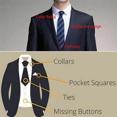 a man wearing a suit and tie with the words collars pocket squares ties missing buttons