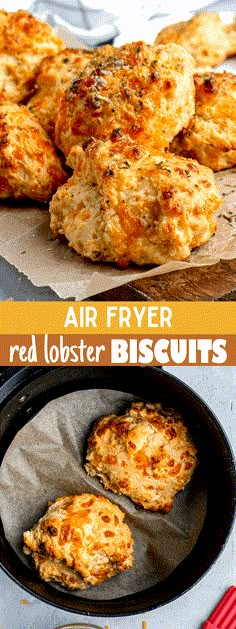 air fryer red lobster biscuits in a cast iron skillet with text overlay