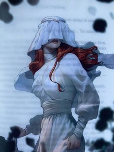 a woman with long red hair wearing a white dress and holding a knife in her hand