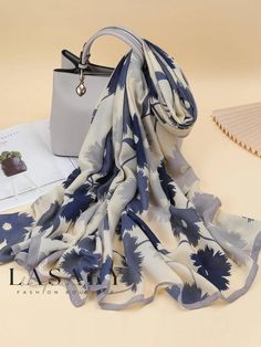 Lasaky - Stylish Shawl Scarf with Block-Color Floral Print Floral Prints Fashion, Women Scarves, Women Shawl, Shawl Scarf, Grey Blue, Scarf Print, Scarf Styles, Elegant Woman, Head Wraps