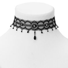 Ultra-edgy yet so elegant, this lace-design choker necklace features starbursts embellished with faux crystals, and a row of dangling beads along the bottom. Length: 10" + 3" extender Closure: Lobster clasp Material: Plastic - Claire's Starburst Beaded Lace Black Choker Necklace Adjustable Lace Necklaces For Party, Adjustable Lace Jewelry For Parties, Gothic Oc, Tattoo Choker Necklace, Coin Choker, Velvet Choker Necklaces, Charm Choker Necklace, Layered Choker Necklace, Black Choker Necklace