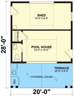 the floor plan for a two story house with an attached bathroom and living room area