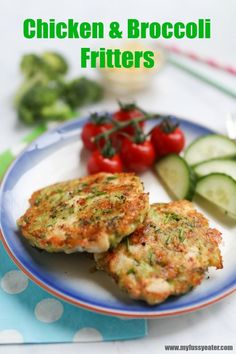 chicken and broccoli fritters on a plate with tomatoes, cucumbers and green peppers