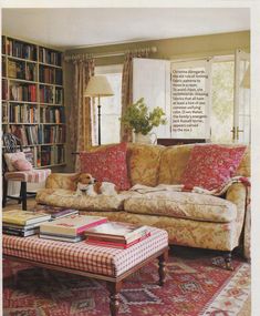 a living room filled with lots of furniture and bookshelves covered in colorful covers