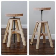 two pictures of stools made out of wood