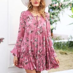 lace up floral print long sleeve ruffle dress Loose Short Dress, Beach Coverups, Long Sleeve Ruffle Dress, Girls Dresses Summer, What's App, Trendy Clothing, Chic Vintage, Casual Summer Dresses, Outfit Summer