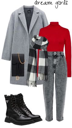 Grey Coat Outfit, Mode Mantel, Winter Fashion Outfits Casual, Wardrobe Outfits, Classy Work Outfits, Trendy Fall Outfits, Red Sweater, Trendy Fall, Casual Chic Outfit