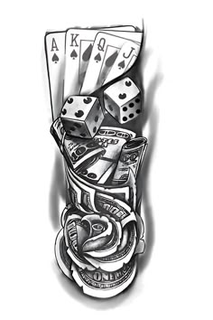 a tattoo design with playing cards, dice and money in the bottom half of it