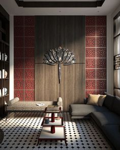 a living room with black and white flooring and red wallpaper on the walls