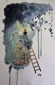 a watercolor painting of a man climbing up a ladder to a jar filled with books