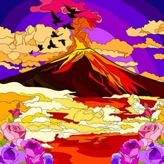 a painting of a volcano surrounded by flowers and birds flying in the sky above it