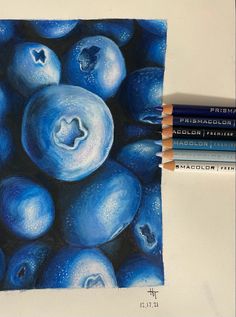 two pencils are sitting next to some blueberries