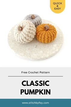 two crocheted pumpkins on a plate with the text free crochet pattern