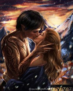 a painting of a couple kissing in the snow with mountains in the background and stars falling from the sky