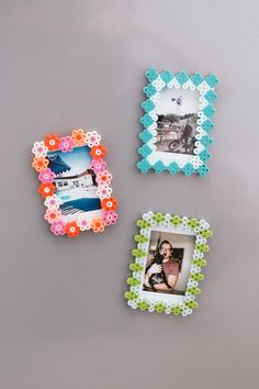 three different colored frames with pictures on them