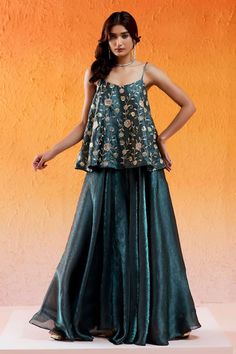 Metallic teal blue flared top with cutdana, sequin, moti and resham floral motif hand embroidery. Paired with a flared sharara. - Aza Fashions Top Sharara Set, Flared Sharara, Flared Top, Flare Top, Sharara Set, Sweetheart Neck, Top Pattern, Set For Women, Aza Fashion