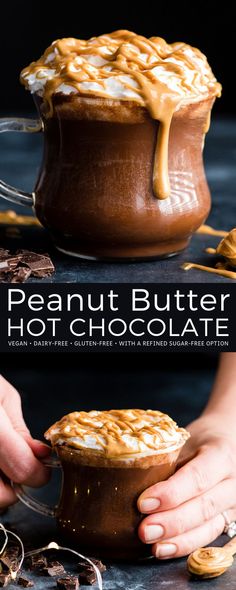 the peanut butter hot chocolate is being drizzled with caramel