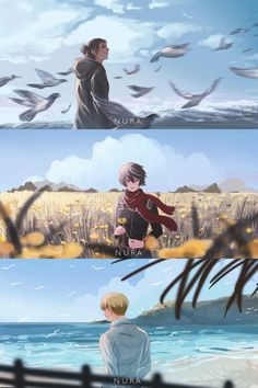 two different anime scenes with the same person standing in front of water and birds flying over them