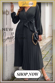 Fashion Solid Patchwork V Neck Waist Skirt Dresses(5 Colors) Black Long Sleeve Dress With Pleated Skirt, Casual Long Sleeve Pleated Dresses, Chic Pleated Skirt Dresses For Winter, Non-stretch Pleated Evening Dresses, Chic Winter Dress With Pleated Skirt, Non-stretch Pleated Midi Dress For Fall, Non-stretch Pleated Midi Dress For Party, Pleated Non-stretch Midi Dress For Party, Winter Evening Pleated Dress