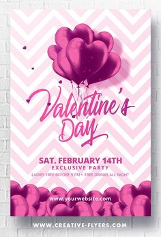 valentine's day flyer with pink balloons on a chevroned brick wall background