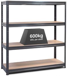 four tier shelving unit with 600kg up to per shelf sign on top