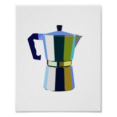 a black and white striped coffee pot on a white background poster, with the image of an espresso machine