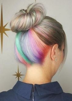 Rainbow Underlights, Colored Hair Styles, Hidden Rainbow Hair, Pastel Rainbow Hair, Hidden Hair Color, Peekaboo Hair