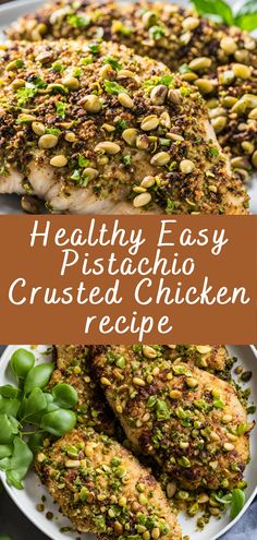 healthy easy pistachio crusted chicken recipe on a white plate with green herbs