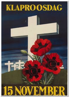 a poster with flowers in front of a cross and the words klaproosag on it