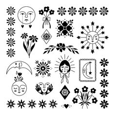 an assortment of black and white images with flowers, hearts, sun, moon and stars