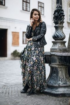 Maxi Dress And Leather Jacket Outfit, Dresses With Jackets Outfit, Black Flower Dress Outfit, Maxi Dress With Leather Jacket, Leather Jacket And Dress Outfit, Leather Jacket Dress Outfit, Leather Jacket With Dress, Flower Dress Outfit, Dress With Leather Jacket