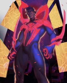 a spider man standing in front of an abstract background