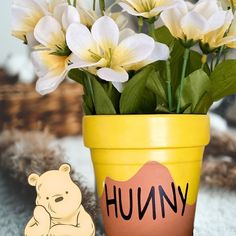 a yellow flower pot with white flowers in it and a brown teddy bear next to it