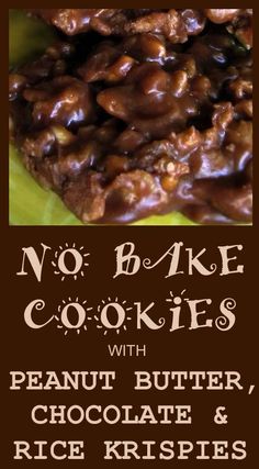 no bake cookies with peanut butter, chocolate and rice krispies on a green plate