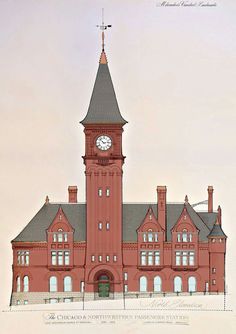 an architectural drawing of a building with a clock tower