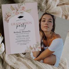 a graduation party card with an image of a woman on it and flowers in the background