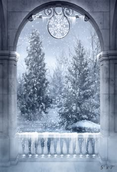 an image of a winter scene with snow falling from the sky and trees in the background