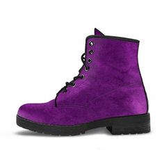 All of our Fashion Combat Boots are custom-made-to-order and handcrafted to the highest quality standards. - Made from vegan-friendly faux leather with a double-sided print and rounded toe construction. - Lace-up closure for a snug fit. - Soft textile lining with sturdy construction for maximum comfort. - High-quality rubber outsole for traction and exceptional durability. *Please note that colors may vary slightly from printed items to images on screen due to different lighting, screen resoluti Purple Leather Boots With Round Toe, Purple Leather Ankle-high Boots, Purple Leather Lace-up Boots, Purple Lace-up Leather Boots, Boots Grunge, Boho Purple, Combat Boots Style, Vintage Ootd, Purple Boots