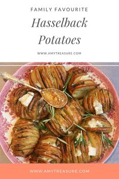 a plate full of baked potatoes with text overlay that reads family favorite hasselback potatoes