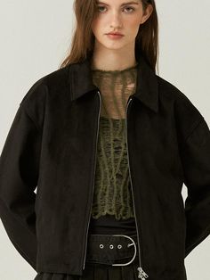 Meet your new cold-weather layer.Bring coziness into your wardrobe with timeless suede jacket.Ready for those special occasions a tailored look is needed or mix it up with your favorite everyday pieces. - Zip closure with two way zipper and standard collared jacket - Side pockets and buttoned cuffs- Oversized fit and cropped length - Cozy and classic suede jacket - Designed for all wearing occasions and endless adventures Cropped Suede Jacket Outfit, Chic Long Sleeve Suede Outerwear, Chic Outerwear With Suede Overlays, Black Suede Leather Jacket For Fall, Suede Outerwear With Zipper And Long Sleeves, Suede Outerwear With Zipper Closure, Suede Outerwear With Zipper Closure And Long Sleeves, Long Sleeve Suede Outerwear With Overlays, Winter Leather Jacket With Suede Overlays