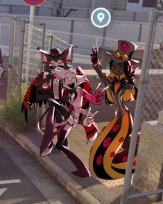 two cartoon characters standing next to each other in front of a fence and street sign